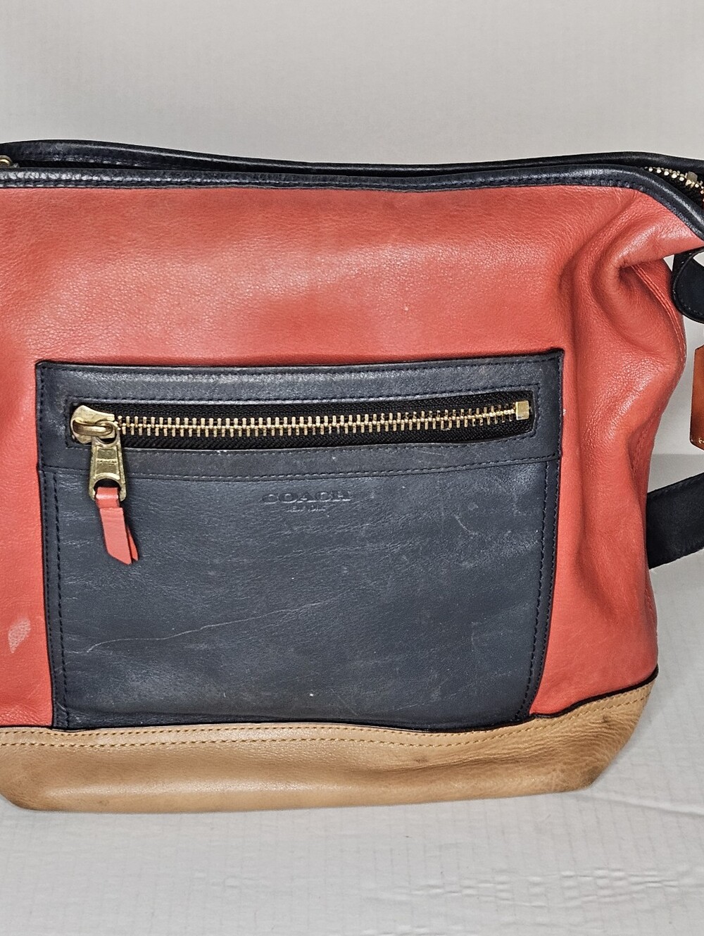 Coach Legacy Colorblock Bucket Hobo Tassel Shoulder Bag Navy Red Tan Y2K